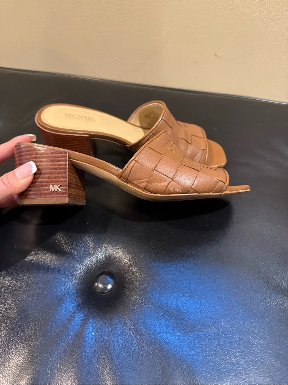 Michael Kors Cognac Woven Leather Block Heel Mules